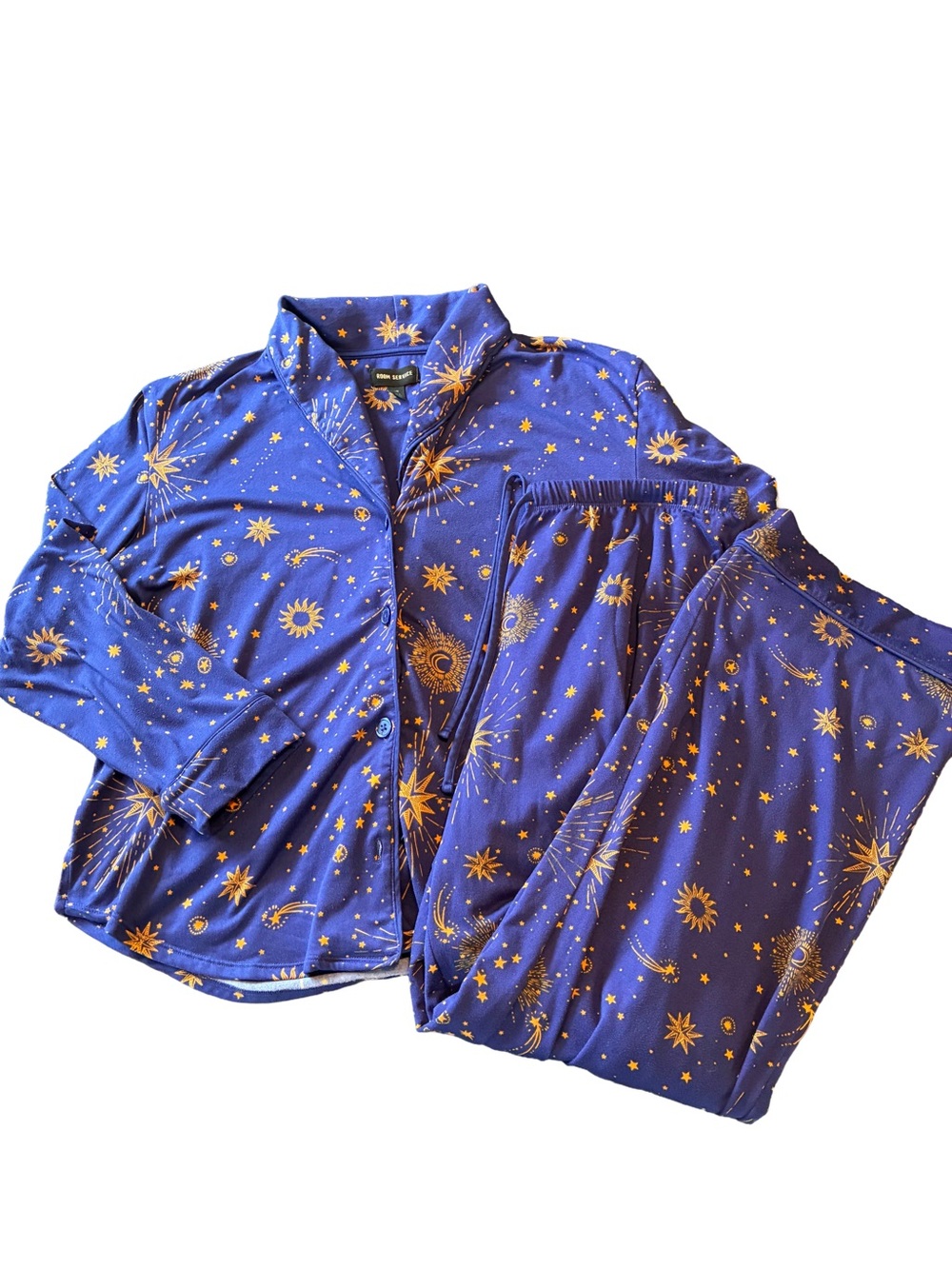Room Service Women’s Large Pajama Set Blue Gold Celestial Sun Moon Stars 2PC